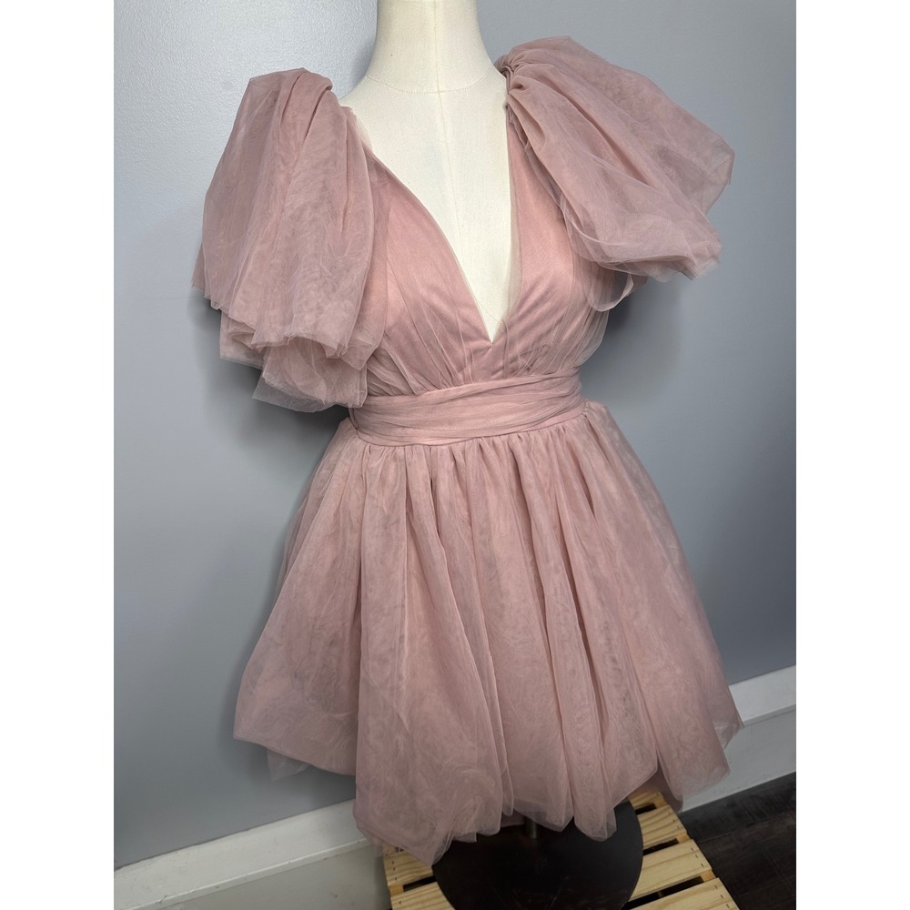 Selfie Leslie Blush Pink Tulle Puff Sleeve Decorative Bow Mini Dress Coquette M